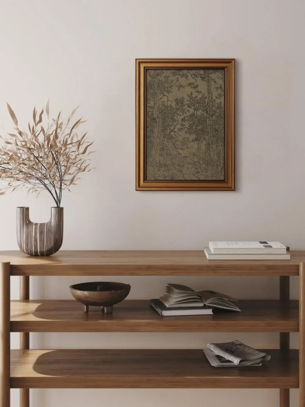 Vintage Gold Framed Canvas Art - Antique Landscape Sketch, 12x16 Inch Decor